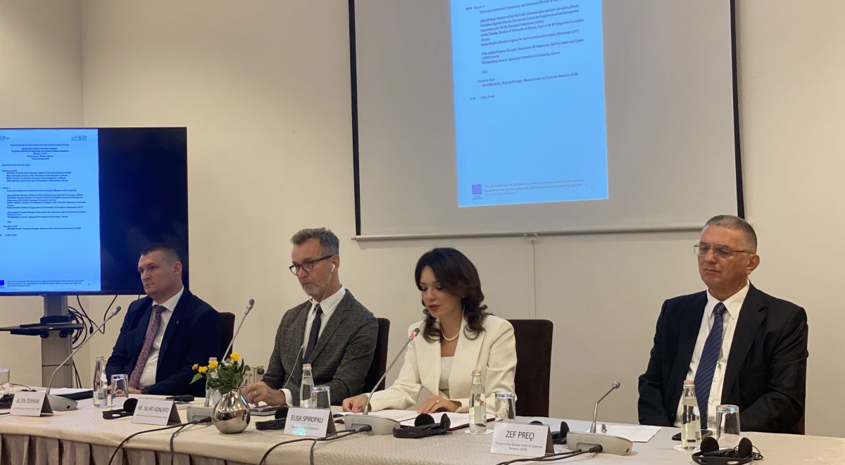 Altin Dumani, Head of the Special Prosecution Office in Albania (SPAK); Silvio Gonzato, Head of the European Union Delegation in Albania; Elisa Spiropali, Speaker of the Parliament of the Republic of Albania; Zef Preci, Director of the Albanian Center for Economic Research (ACER).