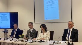 Altin Dumani, Head of the Special Prosecution Office in Albania (SPAK); Silvio Gonzato, Head of the European Union Delegation in Albania; Elisa Spiropali, Speaker of the Parliament of the Republic of Albania; Zef Preci, Director of the Albanian Center for Economic Research (ACER).